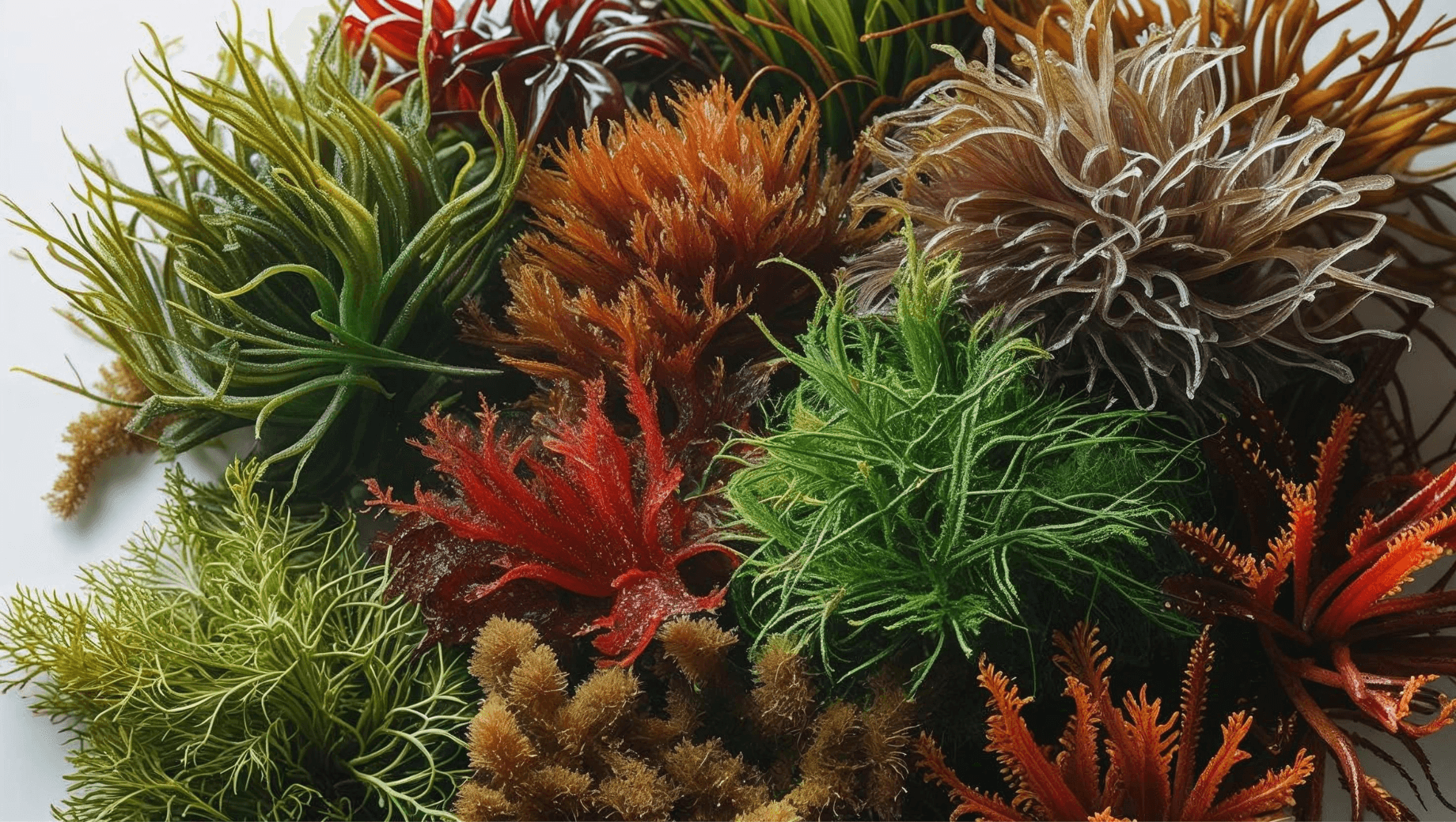Freshly wildcrafted sea moss in its natural spectrum of colours — green, red, gold and purple species.